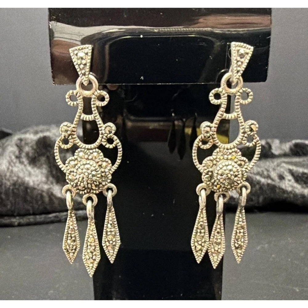 Sterling Silver Marcasite Chandelier Drop Earrings Dangle Vintage 6.6 grams - Picture 3 of 7